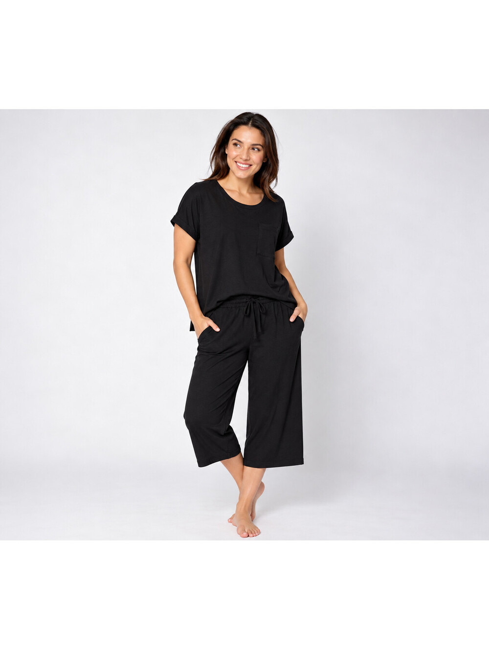 AnyBody Cozy Knit Relaxed Fit Top and Wide Leg Capri Set Black Size Petite Large
